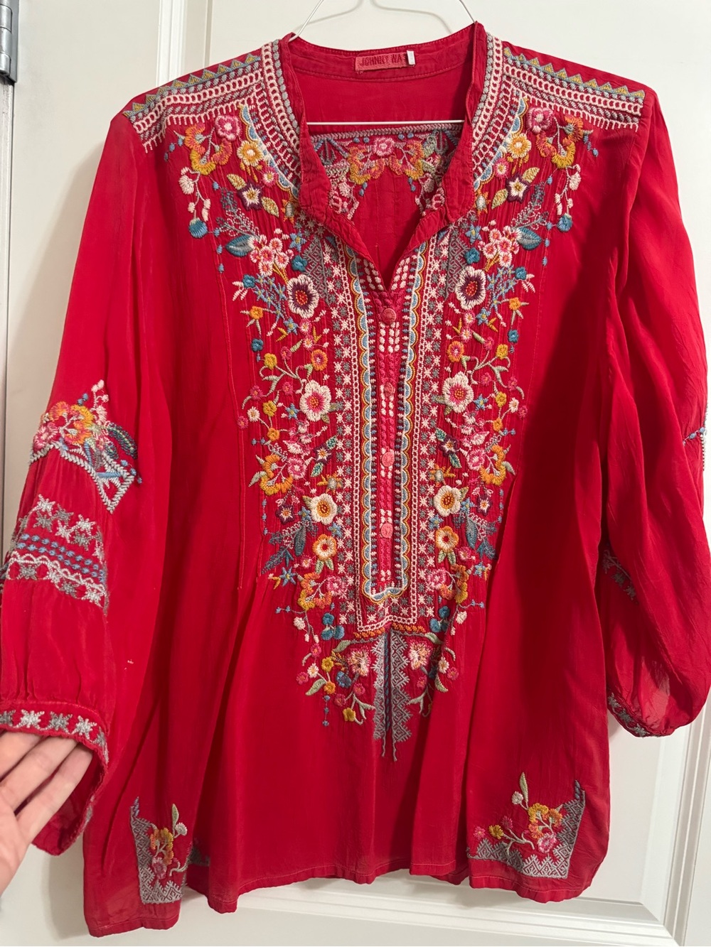 Johnny Was Red Floral Embroidered V-Neck Tunic